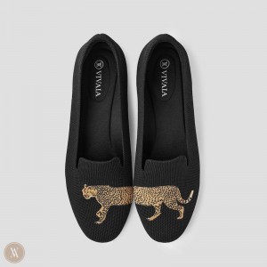 Black VIVAIA Audrey Women's Round-Toe Embroidered Loafers | YSM-3300