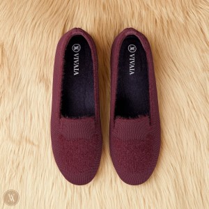 Burgundy VIVAIA Audrey Women's Round-Toe Faux Mink-Knit Loafers | DHB-2867