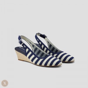 Navy Stripes VIVAIA Tamia Women's Almond-Toe Slingback Wedge Heeled Sandals | VBM-2454