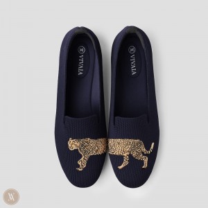 Navy VIVAIA Audrey Women's Round-Toe Embroidered Loafers | UTU-6226