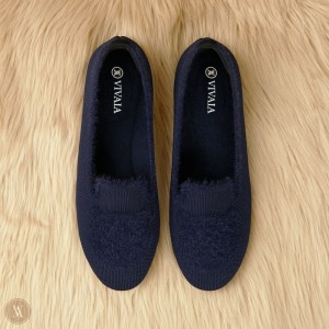 Navy VIVAIA Audrey Women's Round-Toe Faux Mink-Knit Loafers | IXB-6357