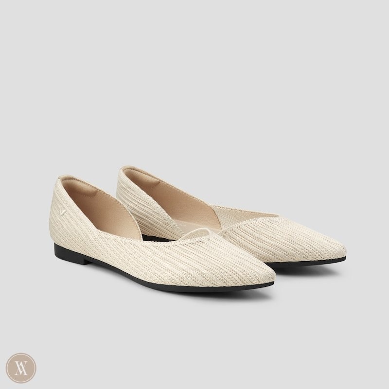 Cream White VIVAIA Melia Women\'s Pointed-Toe Striped Flats | JDQ-6424