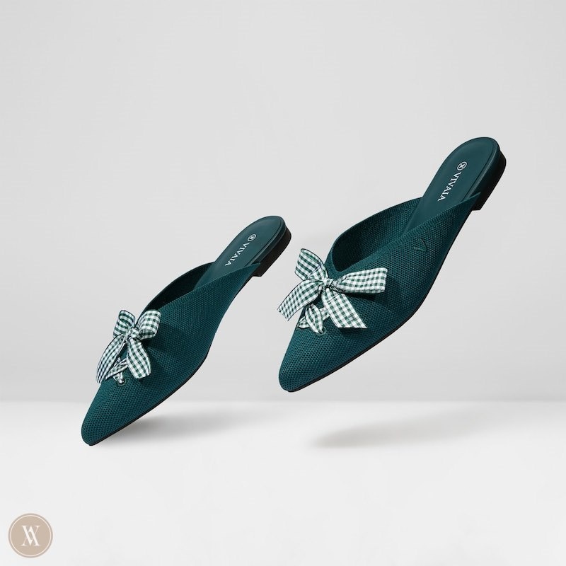 Green VIVAIA Molly Women's Pointed-Toe Bow Mules | JYA-3417