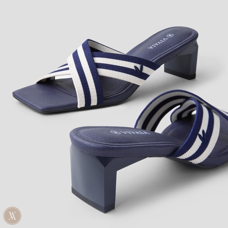 Navy Stripes VIVAIA Jade Women's Square-Toe Block Heel Criss-Cross Sandals | AHP-3272