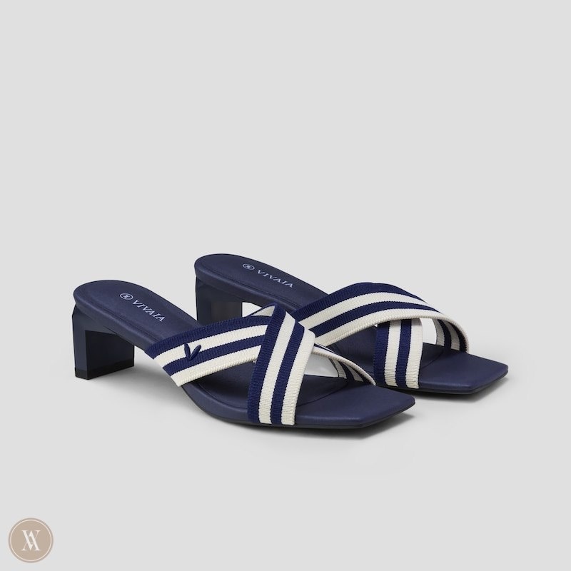 Navy Stripes VIVAIA Jade Women\'s Square-Toe Block Heel Criss-Cross Sandals | AHP-3272