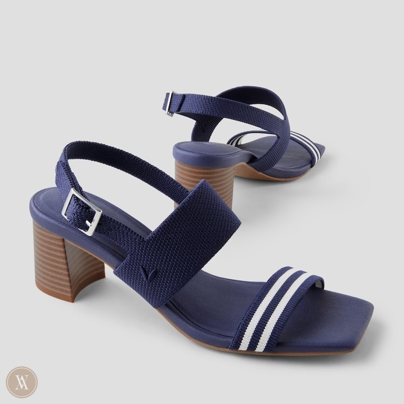 Navy Stripes VIVAIA Luna Women's Square-Toe Block Heel Sandals | NHC-8533