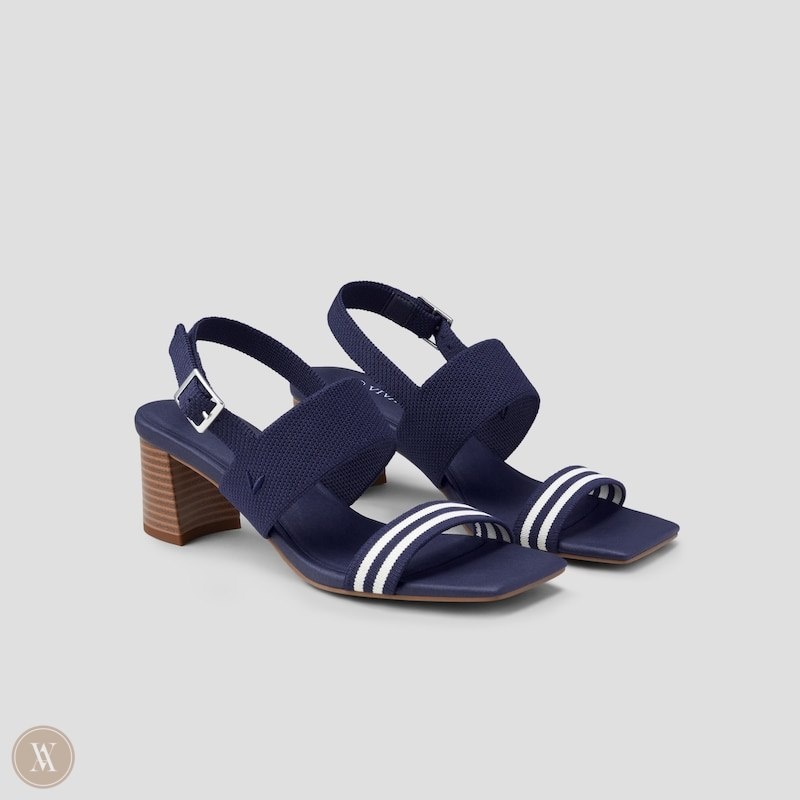 Navy Stripes VIVAIA Luna Women\'s Square-Toe Block Heel Sandals | NHC-8533