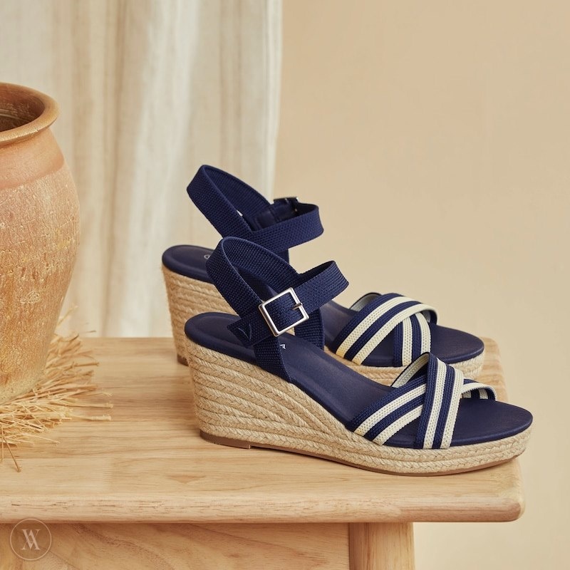 Navy Stripes VIVAIA Sally Women's Round-Toe Wedge Sandals | MVN-8421