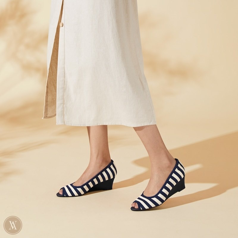 Navy Stripes VIVAIA Tamia Peep Toe Women's Peep Toe Wedge | MXJ-1824