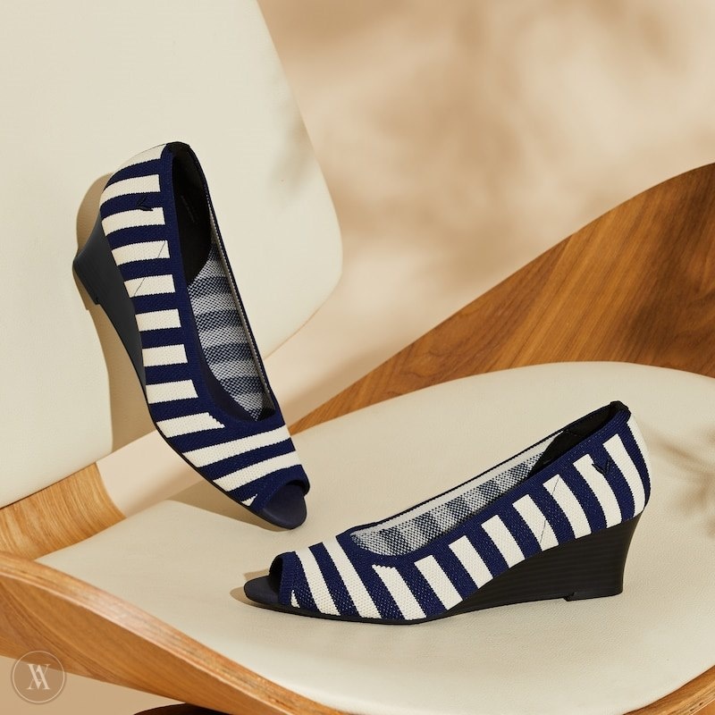 Navy Stripes VIVAIA Tamia Peep Toe Women's Peep Toe Wedge | MXJ-1824