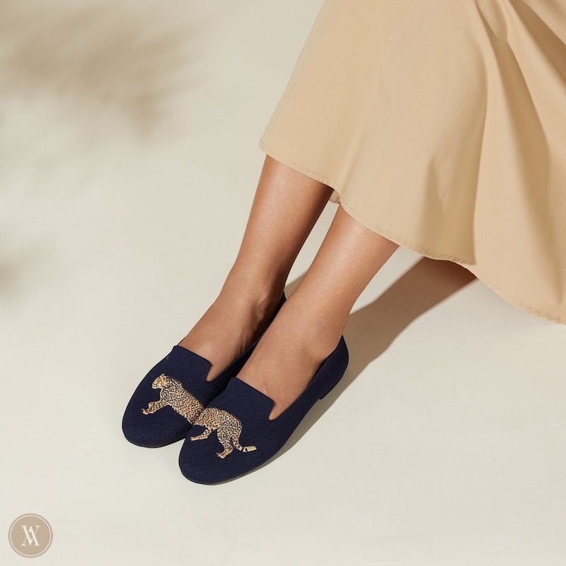 Navy VIVAIA Audrey Women's Round-Toe Embroidered Loafers | UTU-6226