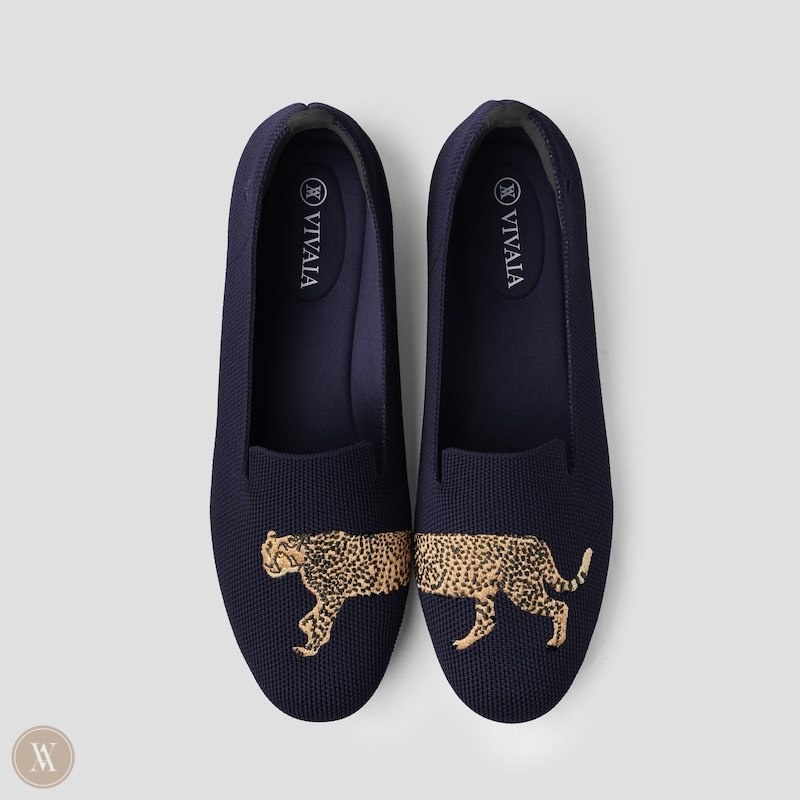 Navy VIVAIA Audrey Women\'s Round-Toe Embroidered Loafers | UTU-6226