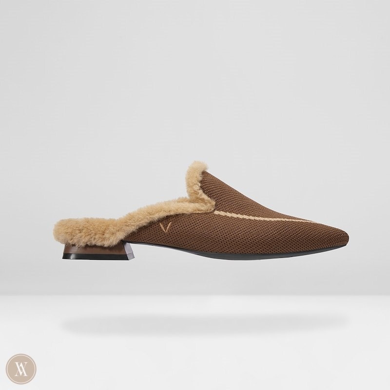 coffee Brown VIVAIA Tina Women's Pointed-Toe Heeled Fluffy Mules | ICD-5256