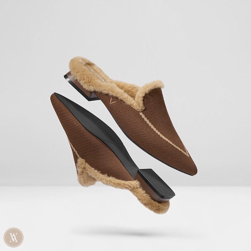 coffee Brown VIVAIA Tina Women's Pointed-Toe Heeled Fluffy Mules | ICD-5256